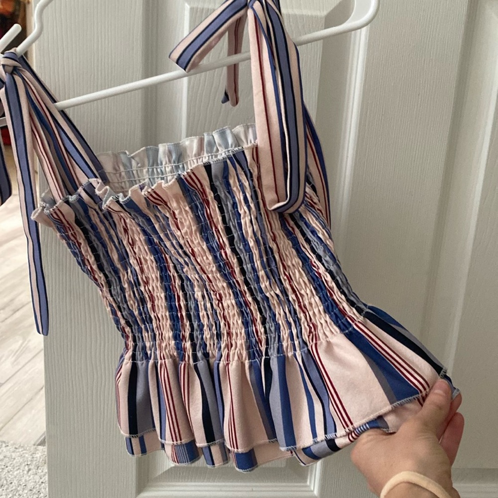 Never worn striped tank top with tie shoulders